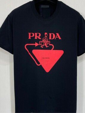Designer Style Triangle Graphic Tee - Red Logo & Robot Figure Black Shirt